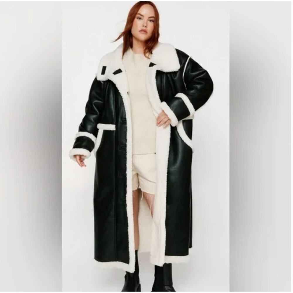 NWT NASTY GAL BONDED AVIATOR BLACK FAUX LEATHER SHERPA FULL LENGTH BIKER COAT